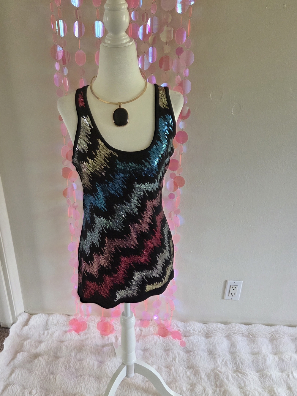 Y2K Almost Famous Black Sequin Wave Tank with Blue Pink Gold Accents